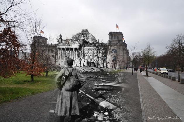 Berlin 1945. A Soviet Soldier looking at the German Reichstag.