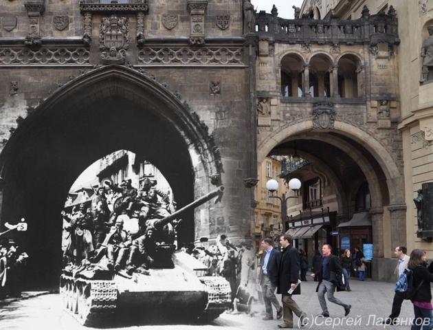 Prague 1944. Powder Tower. People meet the Soviet liberating T-34 tanks and soldiers riding them.