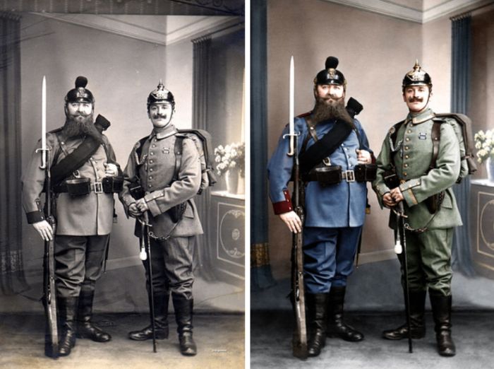 Bavarian grandfather and Prussian grandson displaying the old and new uniforms of the German Army 1913