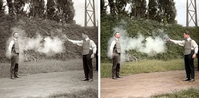 W H Murphy and his associate demonstrating their bullet proof vest 13th October, 1923
