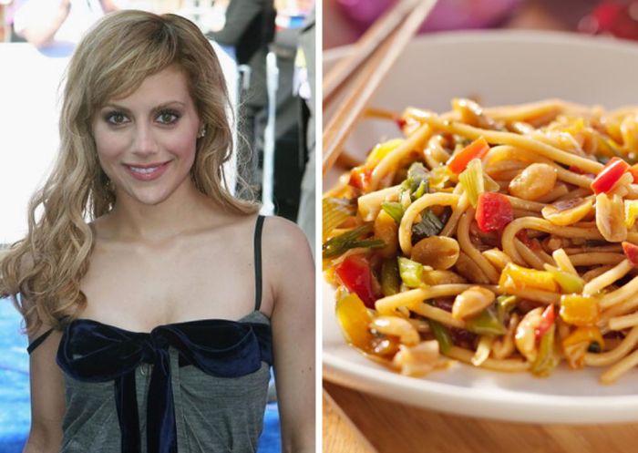 Brittany Murphy Noodles, leftover Thai food, Gatorade, water and tea with lemon.