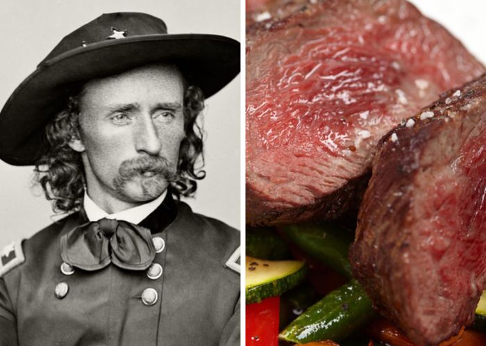 General George Armstrong Custer Roasted buffalo steaks, beans and molasses, roasted wild corn and prairie hen.