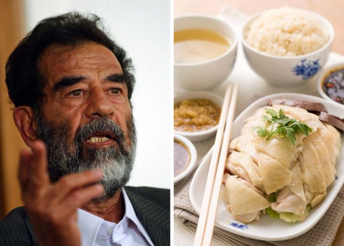 Saddam Hussein Boiled chicken and rice with a glass of hot water and honey.