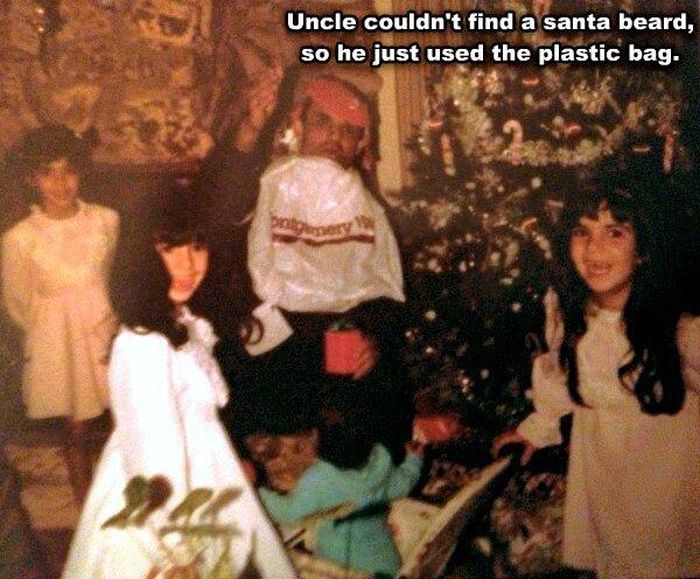 Pic, 19. - Uncle couldn't find a santa beard, so he just used the plastic bag. 2 Doo
