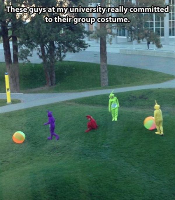 tru teletubby hills - These guys at my university really committed to their group costume.