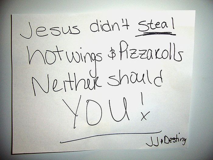 handwriting - Jesus didn't Stea! hot wings # Pizzakolls Neither should Youx Je Desting