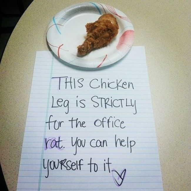 photo caption - This Chicken Leg is Strictly for the office rat. You can help yourself to it y