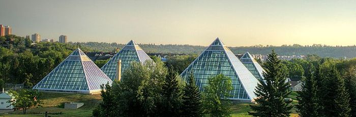The Muttart Conservatory, a botanical garden in Edmonton, Canada with pyramids