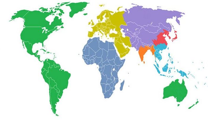 This map shows the world divided into 7 sections with each section containing 1 billion people