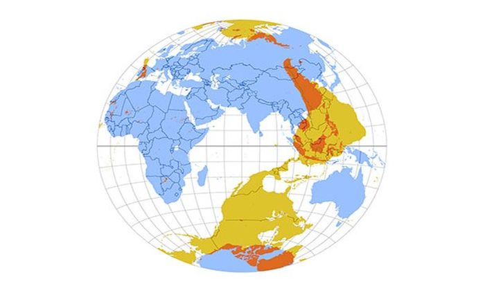 This map shows what is on the other side of the world from where you are standing. For the most part it will probably be water.