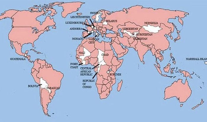 The countries in white are the ones that England has never invaded. There are only 22 of them