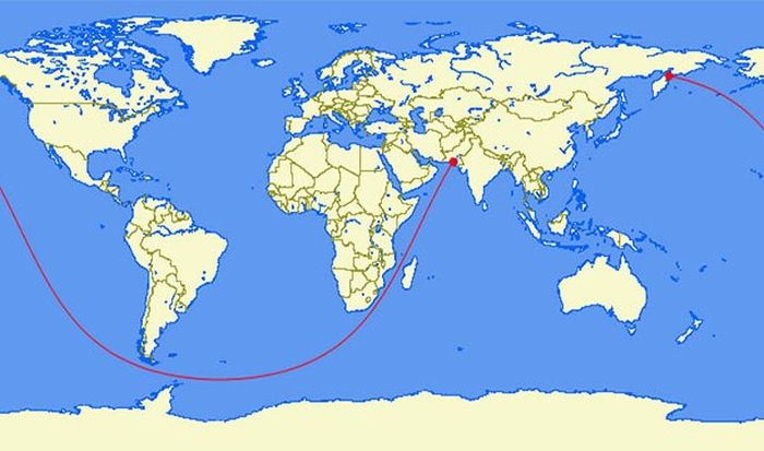 This is the longest straight line you can sail. It goes from Pakistan all the way to Kamchatka Peninsula in Russia for a total of 20000 miles