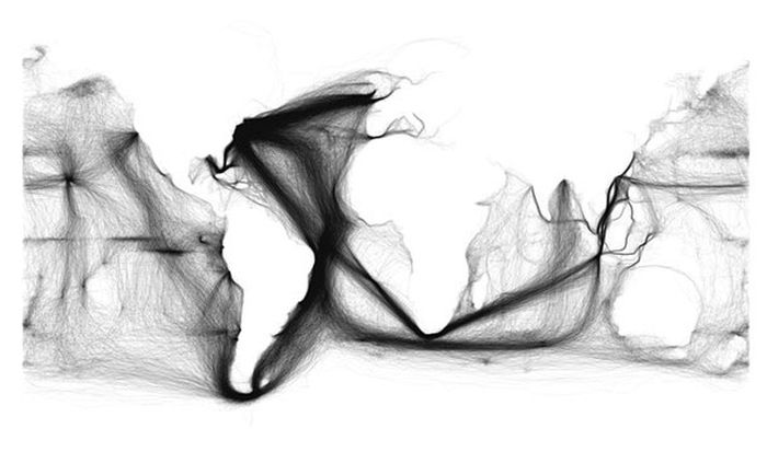 This is a map of 19th century shipping lanes that outlines the continents