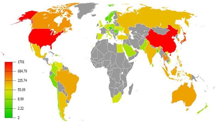 This map highlights the countries with the most skyscrapers in red and orange