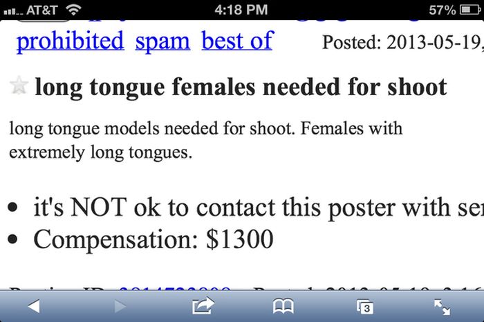 number - ... At&T 57% prohibited spam best of Posted , long tongue females needed for shoot long tongue models needed for shoot. Females with extremely long tongues. it's Not ok to contact this poster with se Compensation $1300