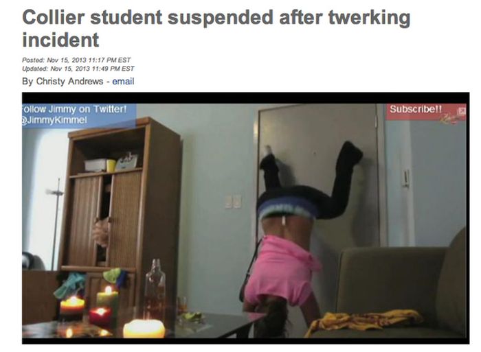 funny - Collier student suspended after twerking incident Posted Est Updated Est By Christy Andrews email Subscribe!! Ollow Jimmy on Twitter! Jimmy Kimmel