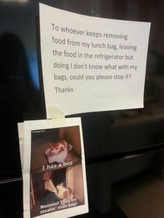 sarcastic sign replies - To whoever keeps removing food from my lunch bag, leaving the food in the refrigerator but doing I don't know what with my bags, could you please stop it? Thanks I has a bag Nooooo! They be stealin' mah bag!