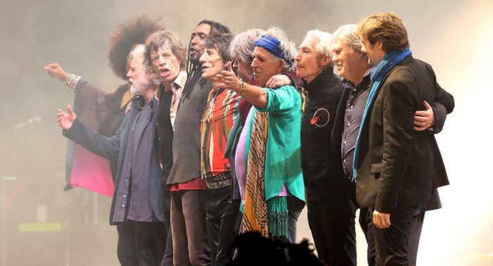 The Rolling Stones and guests perform on the Pyramid Stage at Glastonbury Festival 2013 in Glastonbury, England.