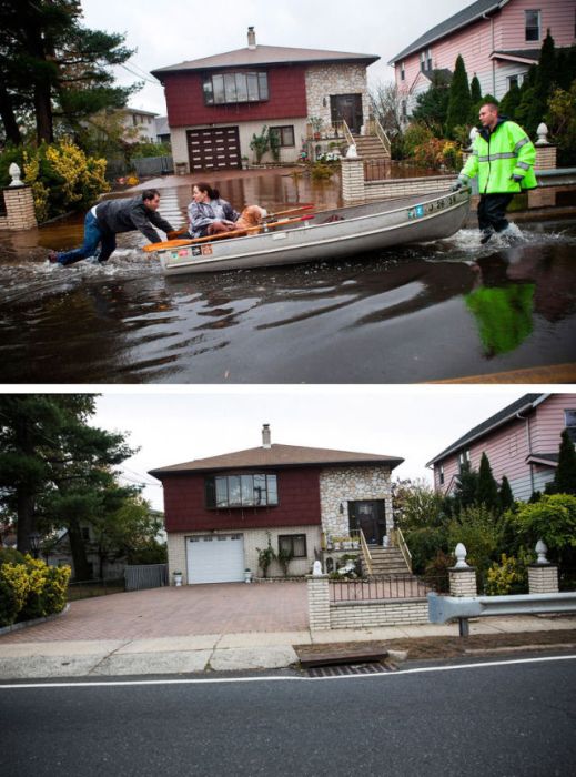 top An emergency responder helps evacuate two people with a boat, after their neighbourhood experienced flooding due to Superstorm Sandy October 30, 2012 in Little Ferry, New Jersey. The same home in Little Ferry, NJ is shown October 22, 2013.