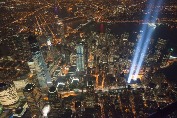 A view over New York City and the 'Tribute In Light' marking the twelfth anniversary of the terrorist attacks at the World Trade Center in New York City.