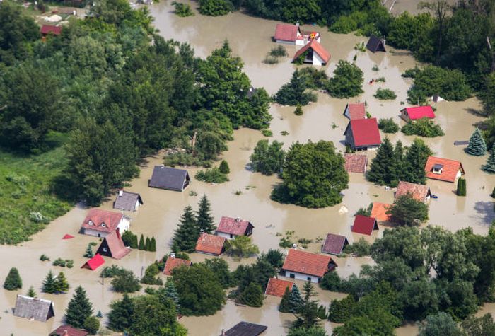 An aerial view of the flooded parts of the Slovak capital Bratislava from the high water level of the Danube river in Bratislava, Slovakia. Bratislava underwent the Danube highest water level in history which reached record-breaking 1,030 centimetres but the anti-flood barriers at the city centre resisted successfully.