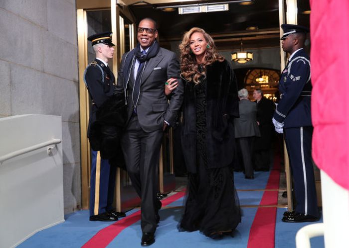 Recording artists Jay-Z and Beyonce arrive at the presidential inauguration on the West Front of the U.S. Capitol in Washington, DC. Barack Obama was