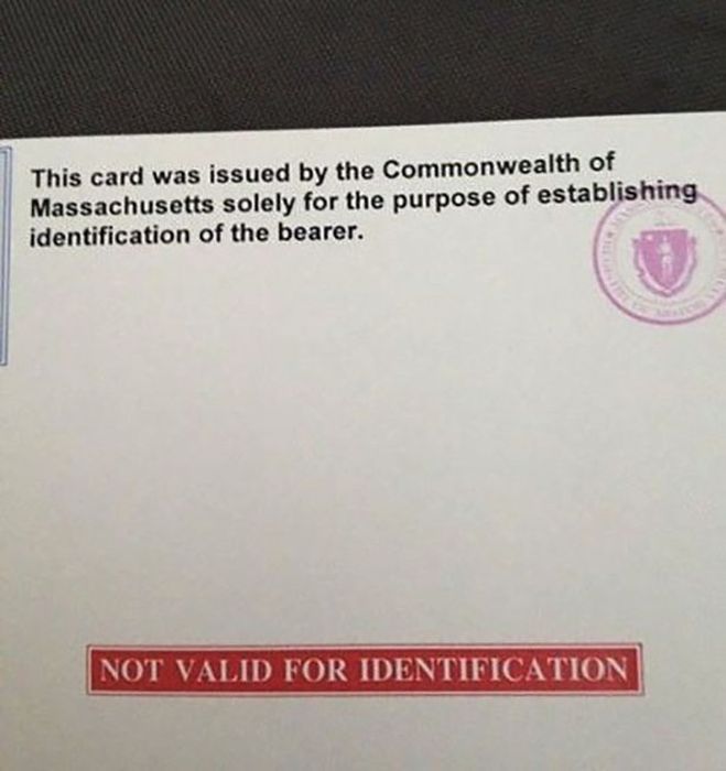 document - This card was issued by the Commonwealth of Massachusetts solely for the purpose of establishing identification of the bearer. Not Valid For Identification