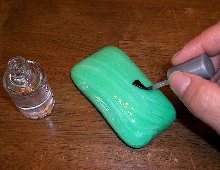 Paint soap with clear nail polish and leave it in the bathroom
