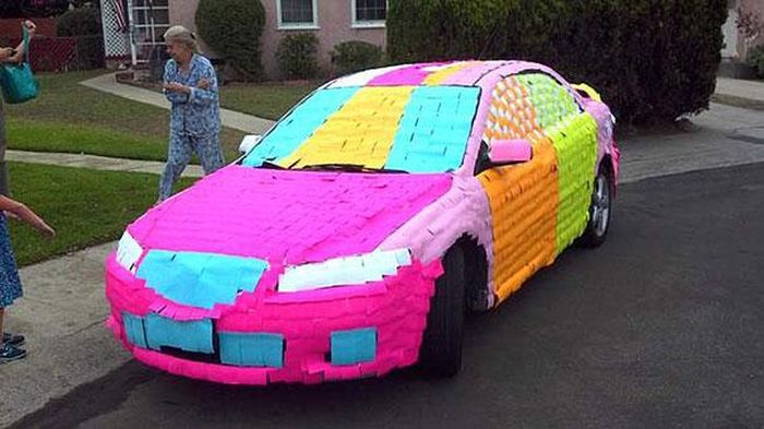 Give their car a bright new paint job with sticky notes