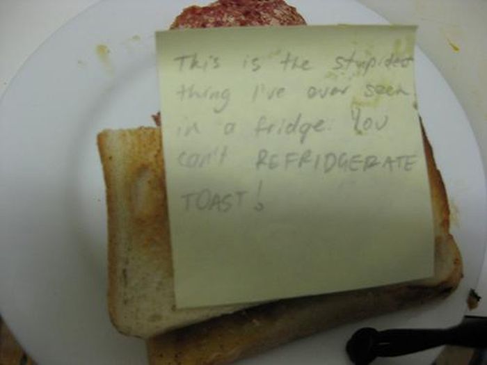 funny angry roommate notes - This is the stupided thing I've ever seen in a fridge. You can't Refrigerate Toast