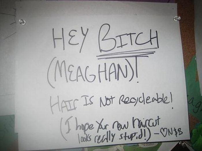 handwriting - Hey Bitch Meaghan! Hair Is Not Recycleable! I hope your new haircut looks really stupid! Onb