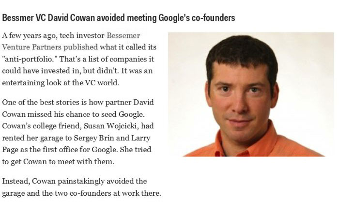 date a girl who reads - Bessmer Vc David Cowan avoided meeting Google's cofounders A few years ago, tech investor Bessemer Venture Partners published what it called its "antiportfolio." That's a list of companies it could have invested in, but didn't. It 