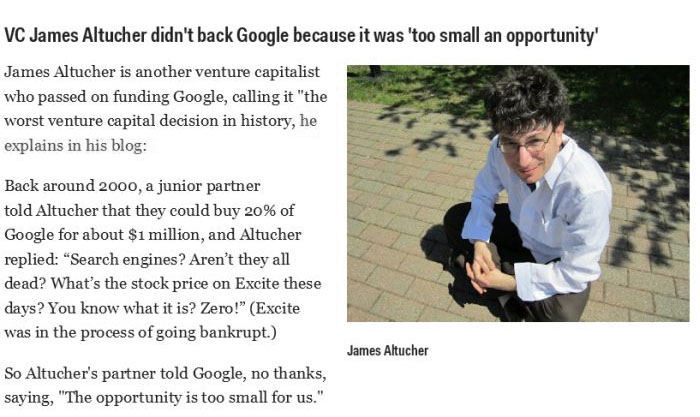 human behavior - Vc James Altucher didn't back Google because it was 'too small an opportunity' James Altucher is another venture capitalist who passed on funding Google, calling it "the worst venture capital decision in history, he explains in his blog B
