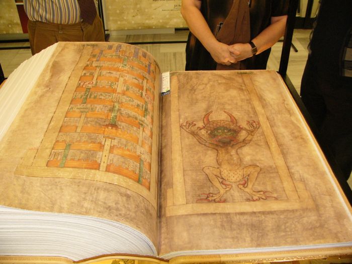 Codex Gigas, so called Devils Bible. According to the legend, Lucifer himself helped in its creation.