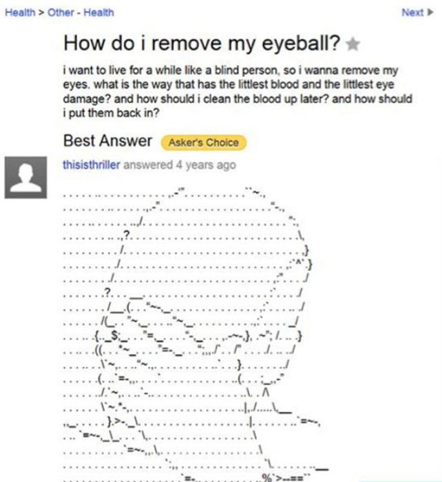 funniest yahoo answer questions - Health > Other Health Next > How do i remove my eyeball? i want to live for a while a blind person, so i wanna remove my eyes, what is the way that has the littlest blood and the littlest eye damage? and how should i clea