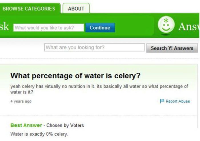 wtf did i just read - Browse Categories About sk What would you to ask? Continue Ans What are you looking for? Search Y! Answers What percentage of water is celery? yeah celery has virtually no nutrition in it. its basically all water so what percentage o
