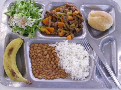 Country: Brazil. Contents: Rice. Beans, Bread, Meat with vegetables, banana and alface, acelga salad