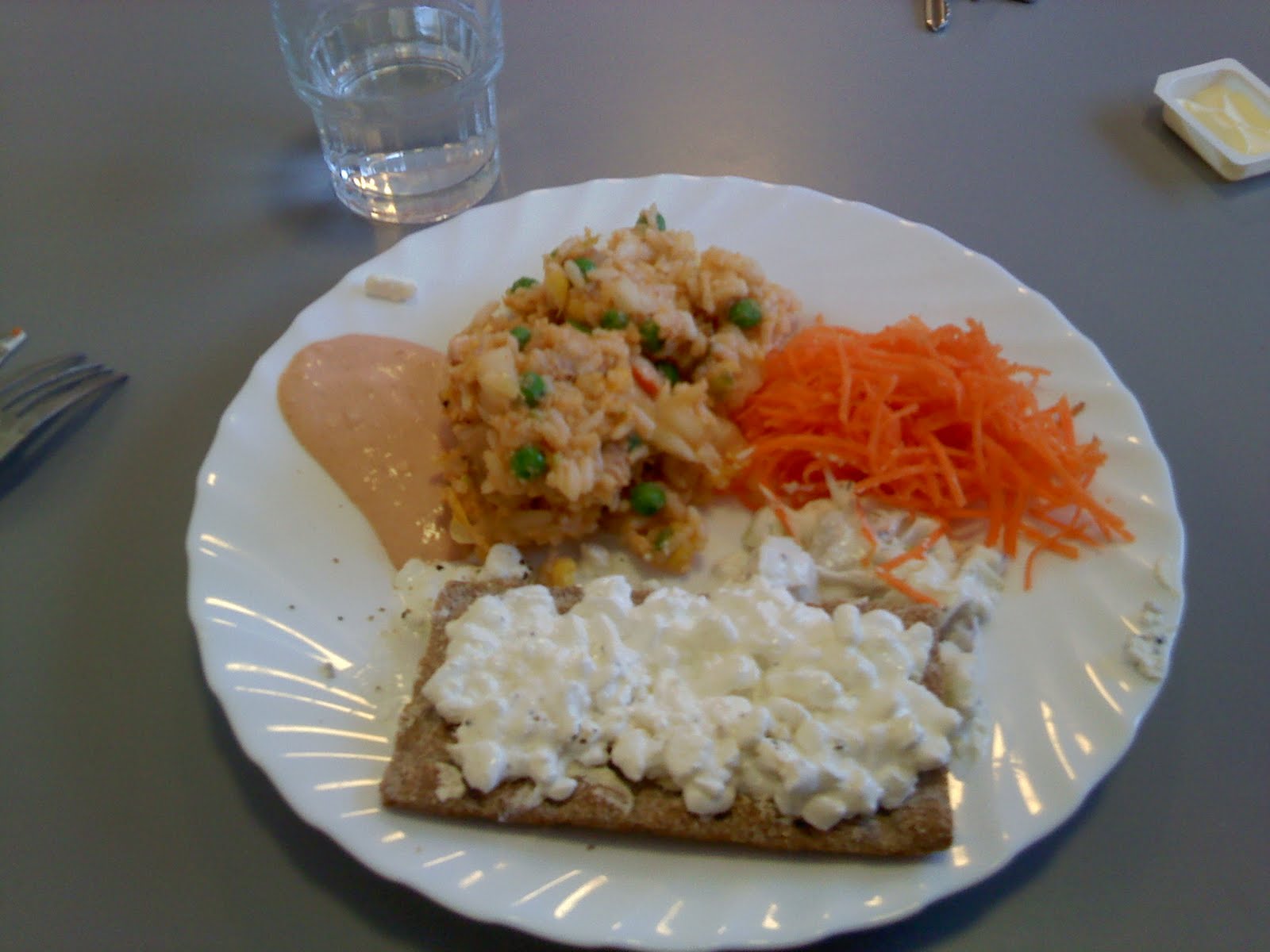Country: Sweden. Contents: Chicken salad, cottage cheese on knckebrd, shredded carrot, sauce.