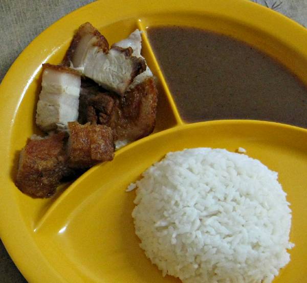 Country: Philippines. Contents: Lechn kawali, liver sauce, rice