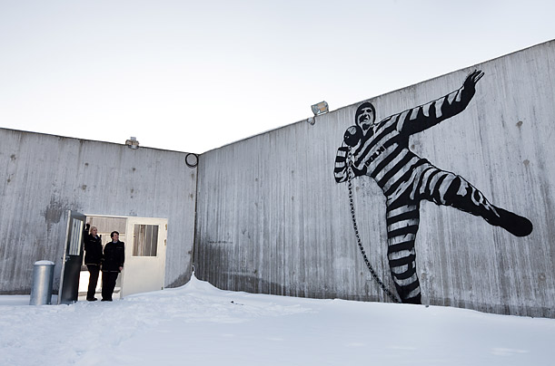 To ease the psychological burdens of imprisonment, the planners at Halden spent roughly 1 million on paintings, photography and light installations. According to a prison informational pamphlet, this mural by Norwegian graffiti artist Dolk "brings a touch of humor to a rather controlled space." Officials hope the art  along with creative outlets like drawing classes and wood workshops  will give inmates "a sense of being taken seriously."