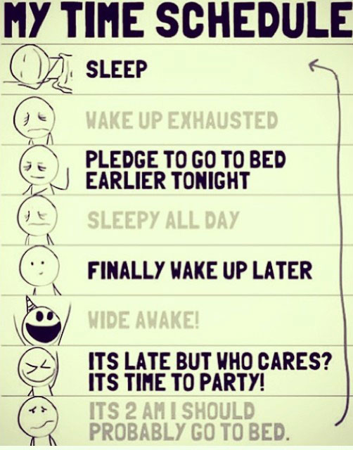 we can all relate - My Time Schedule O Sleep Wake Up Exhausted Pledge To Go To Bed Earlier Tonight Sleepy All Day Finally Wake Up Later Wide Awake! Its Late But Who Cares? Its Time To Party! Its 2 Am I Should Probably Go To Bed.