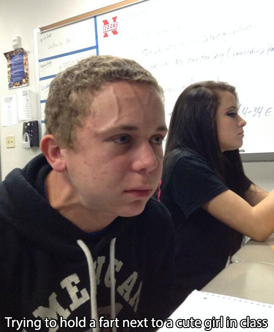 eyal waiting to tell people hes vegan - 434 E Trying to hold a fart next to a cute girl in class