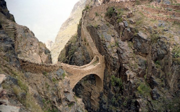 The Shahara Bridge in Yemen has been used to connect mountaintop towns since the 1600s