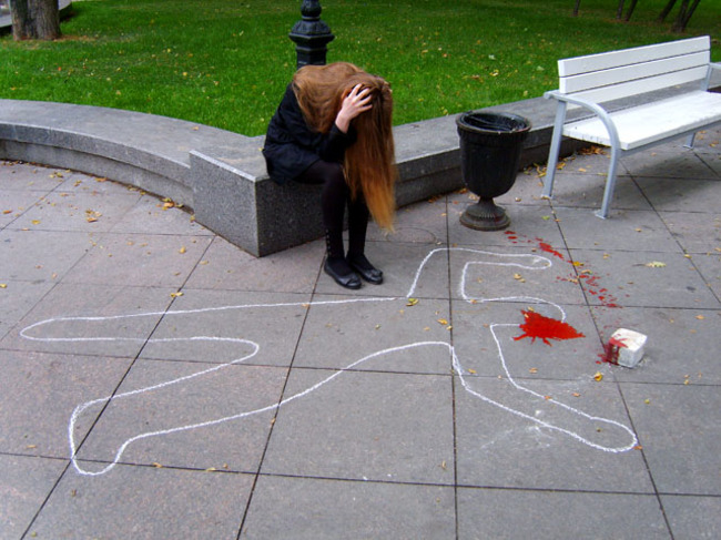 Crank up the creepiness by using chalk or masking tape to simulate the outline of a murdered body.