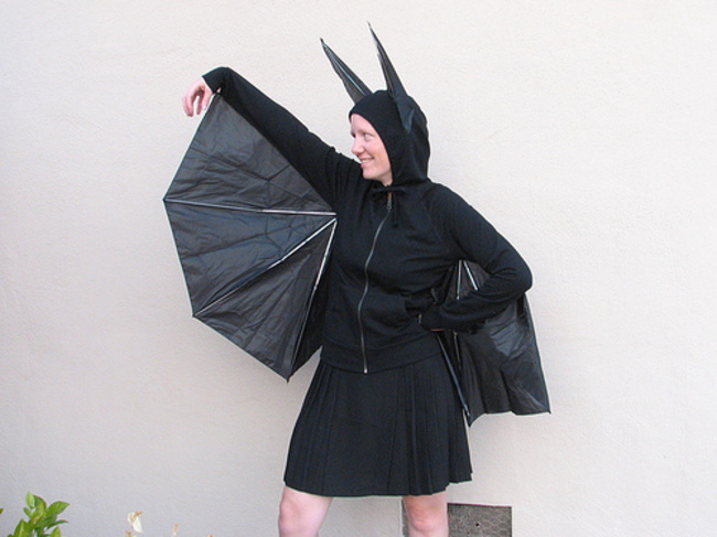 An upcycled broken umbrella makes this bat costume a winner.
