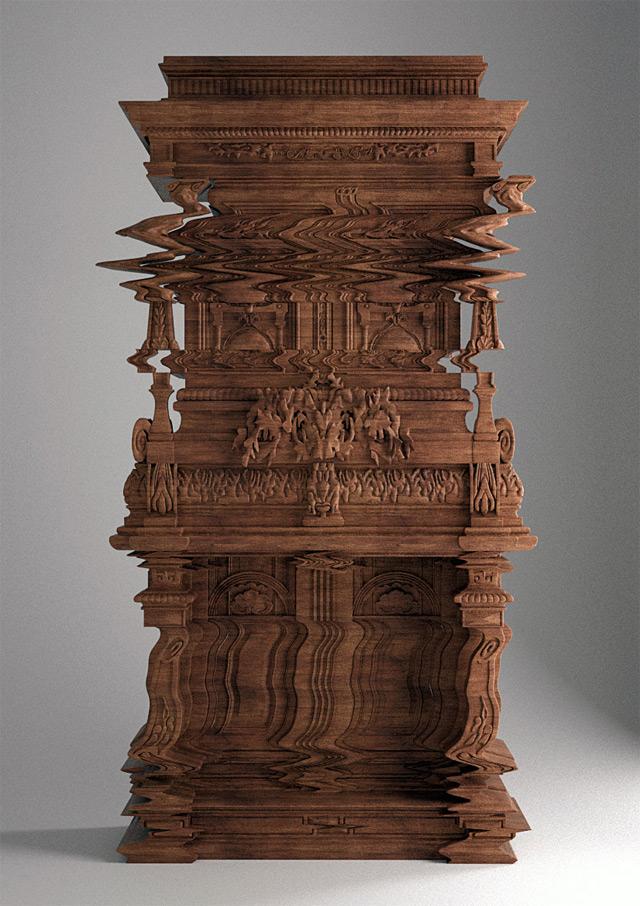 This wooden cabinet was intricately carved to look like a analog glitch.