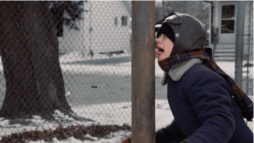 A suction tube was used to make it seem like Flick's tongue was really stuck on the pole for the "Triple Dog Dare" scene.