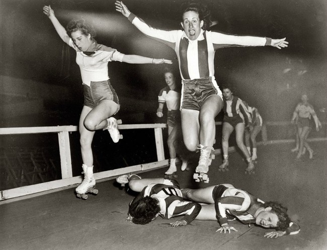 Women's league roller derby skaters in New York. March 10, 1950