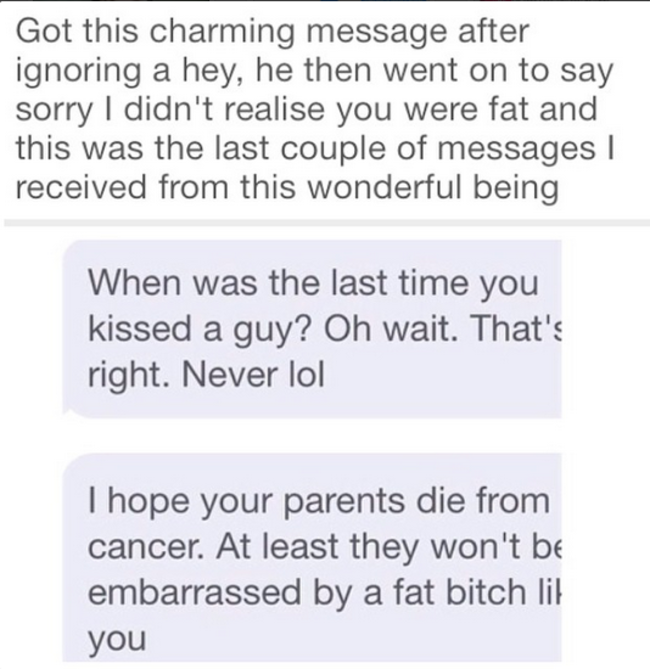 document - Got this charming message after ignoring a hey, he then went on to say sorry I didn't realise you were fat and this was the last couple of messages | received from this wonderful being When was the last time you kissed a guy? Oh wait. That's ri