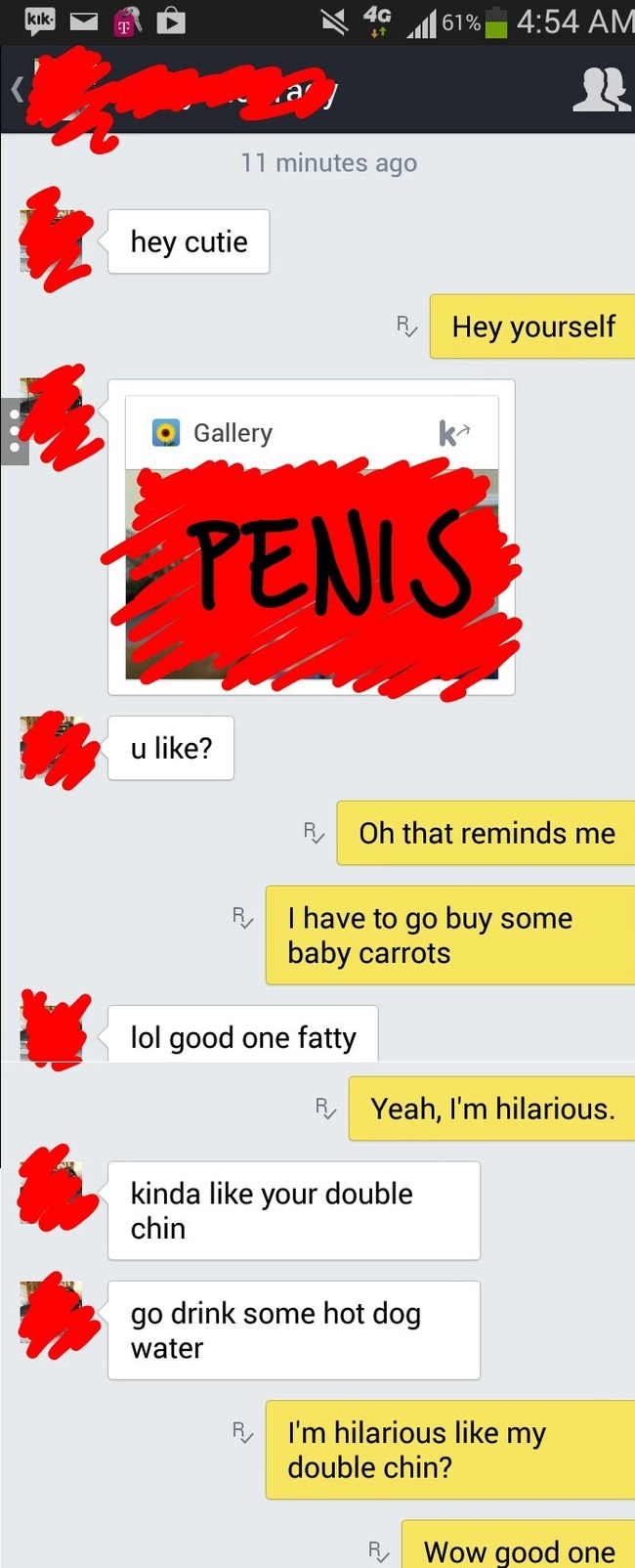 reply to a dick - Kik B 49 1 61% 11 minutes ago hey cutie Hey yourself O Gallery Galleryment Penis u ? R, Oh that reminds me I have to go buy some baby carrots lol good one fatty Yeah, I'm hilarious. kinda your double chin go drink some hot dog water Ry I
